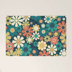 Pretty Groovy Retro Garden 60s 70s Aesthetic Floral Pattern Blue Orange Mustard Teal Welcome Mat Gallery Image 1