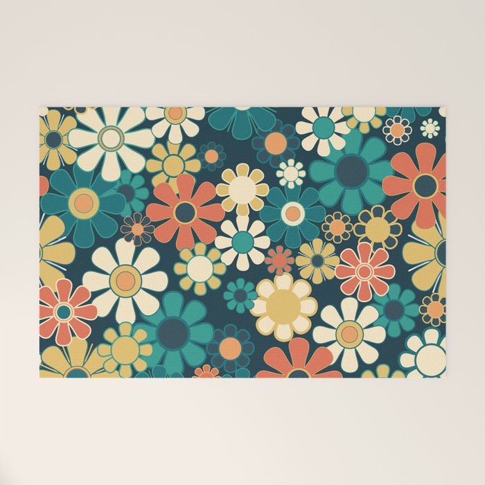 Pretty Groovy Retro Garden 60s 70s Aesthetic Floral Pattern Blue Orange Mustard Teal Welcome Mat Gallery Image 1