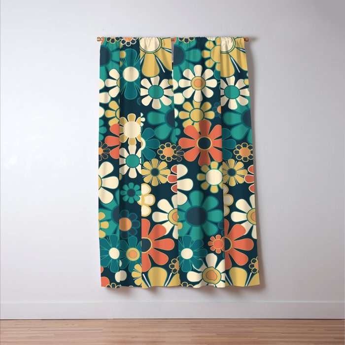 Pretty Groovy Retro Garden 60s 70s Aesthetic Floral Pattern Blue Orange Mustard Teal Window Curtain Gallery Image 3