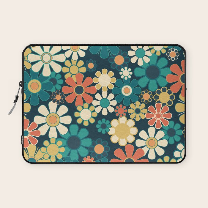Pretty Groovy Retro Garden 60s 70s Aesthetic Floral Pattern Blue Orange Mustard Teal Laptop Sleeve Gallery Image 1