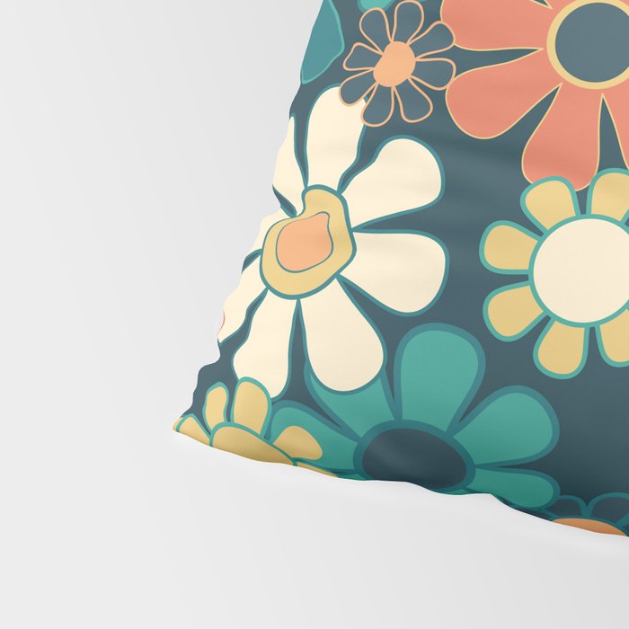 Pretty Groovy Retro Garden 60s 70s Aesthetic Floral Pattern Blue Orange Mustard Teal Pillow Sham Gallery Image 4