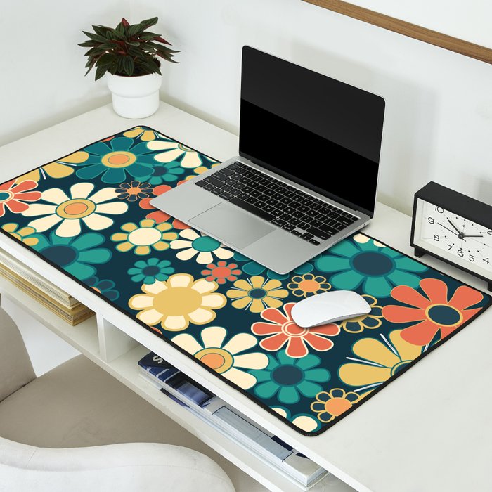 Pretty Groovy Retro Garden 60s 70s Aesthetic Floral Pattern Blue Orange Mustard Teal Desk Mat Gallery Image 2