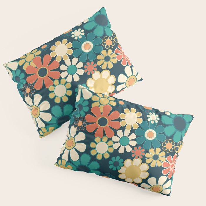 Pretty Groovy Retro Garden 60s 70s Aesthetic Floral Pattern Blue Orange Mustard Teal Pillow Sham Gallery Image 3