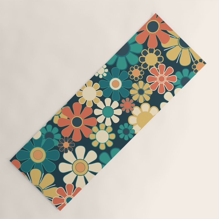 Pretty Groovy Retro Garden 60s 70s Aesthetic Floral Pattern Blue Orange Mustard Teal Yoga Mat Gallery Image 1