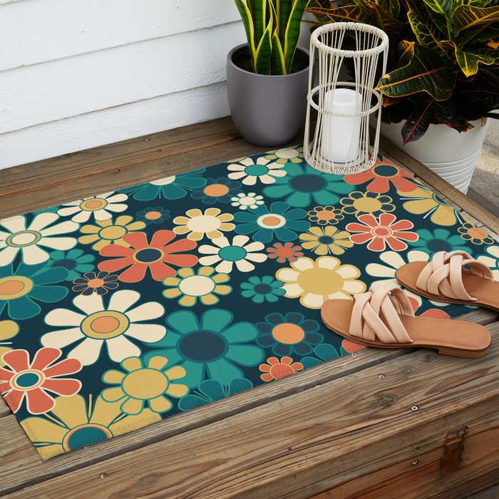 Pretty Groovy Retro Garden 60s 70s Aesthetic Floral Pattern Blue Orange Mustard Teal Outdoor Rug Gallery Image 2
