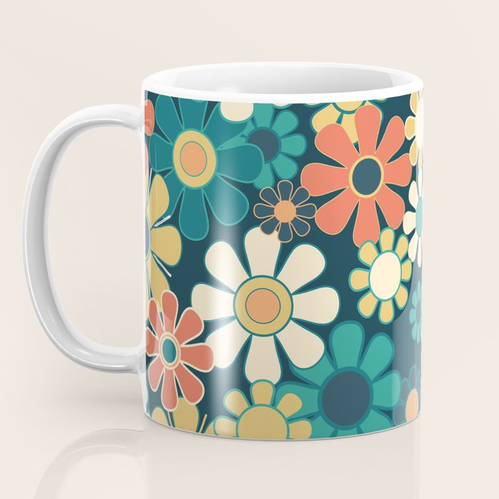 Pretty Groovy Retro Garden 60s 70s Aesthetic Floral Pattern Blue Orange Mustard Teal Coffee Mug Gallery Image 3