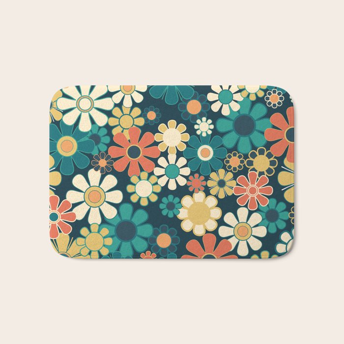 Pretty Groovy Retro Garden 60s 70s Aesthetic Floral Pattern Blue Orange Mustard Teal Bath Mat Gallery Image 1