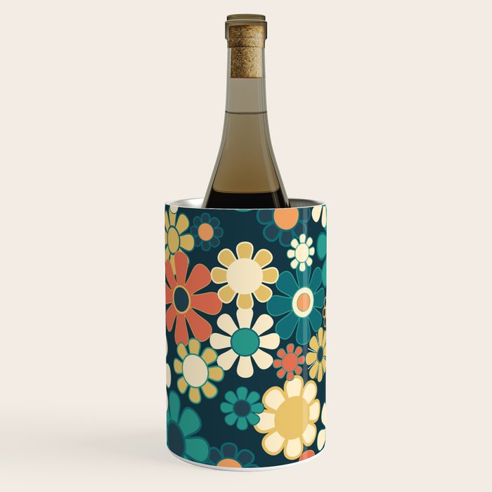 Pretty Groovy Retro Garden 60s 70s Aesthetic Floral Pattern Blue Orange Mustard Teal Wine Chiller Gallery Image 1