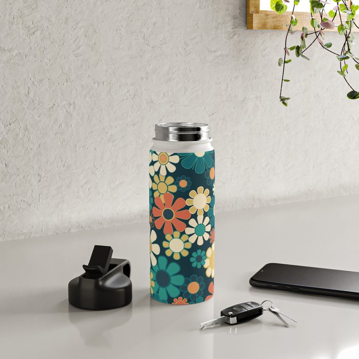 Pretty Groovy Retro Garden 60s 70s Aesthetic Floral Pattern Blue Orange Mustard Teal Water Bottle Gallery Image 4