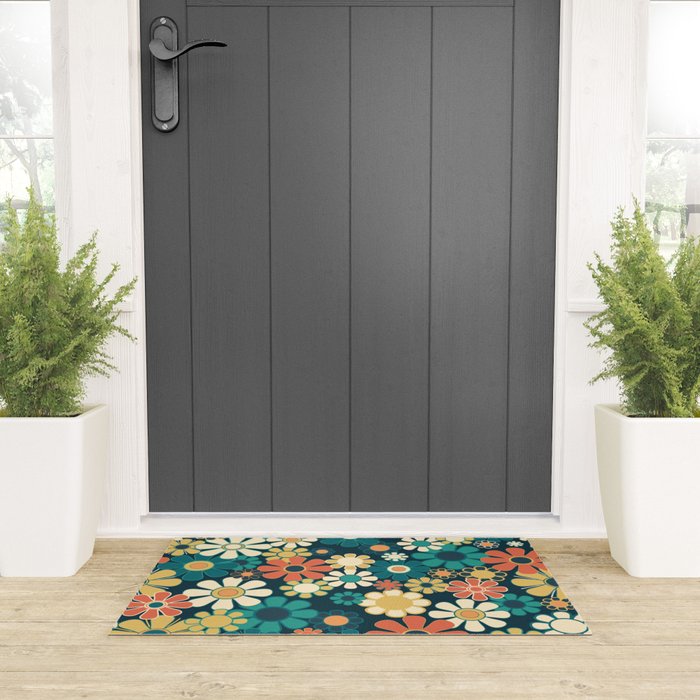 Pretty Groovy Retro Garden 60s 70s Aesthetic Floral Pattern Blue Orange Mustard Teal Welcome Mat Gallery Image 3