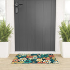 Pretty Groovy Retro Garden 60s 70s Aesthetic Floral Pattern Blue Orange Mustard Teal Welcome Mat Gallery Image 3
