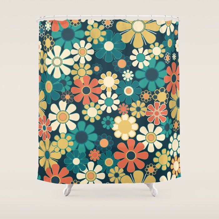 Pretty Groovy Retro Garden 60s 70s Aesthetic Floral Pattern Blue Orange Mustard Teal Shower Curtain Gallery Image 1