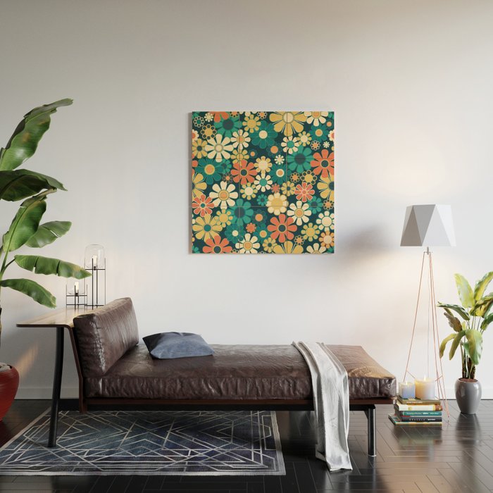 Pretty Groovy Retro Garden 60s 70s Aesthetic Floral Pattern Blue Orange Mustard Teal Wood Wall Art Gallery Image 2