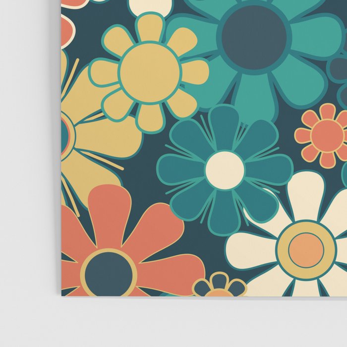 Pretty Groovy Retro Garden 60s 70s Aesthetic Floral Pattern Blue Orange Mustard Teal Poster Gallery Image 3