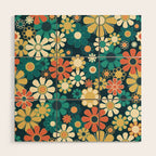 Pretty Groovy Retro Garden 60s 70s Aesthetic Floral Pattern Blue Orange Mustard Teal Wood Wall Art Gallery Image 1