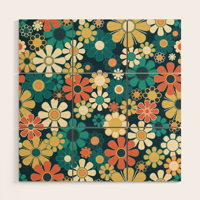 Pretty Groovy Retro Garden 60s 70s Aesthetic Floral Pattern Blue Orange Mustard Teal Wood Wall Art Gallery Image 1