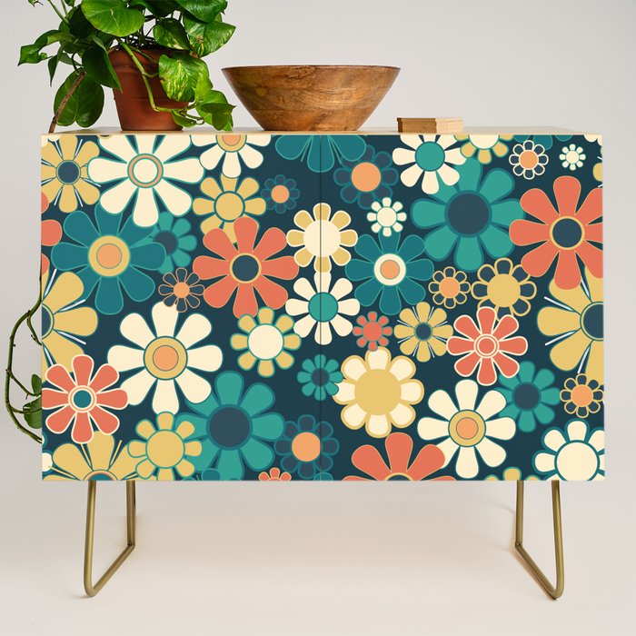 Pretty Groovy Retro Garden 60s 70s Aesthetic Floral Pattern Blue Orange Mustard Teal Credenza Gallery Image 1