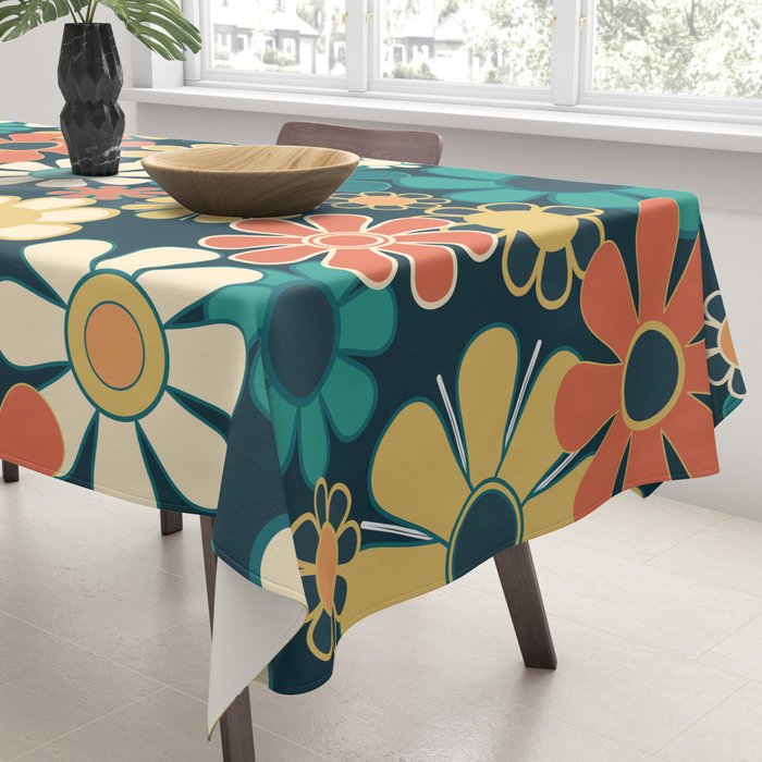 Pretty Groovy Retro Garden 60s 70s Aesthetic Floral Pattern Blue Orange Mustard Teal Tablecloth Gallery Image 3