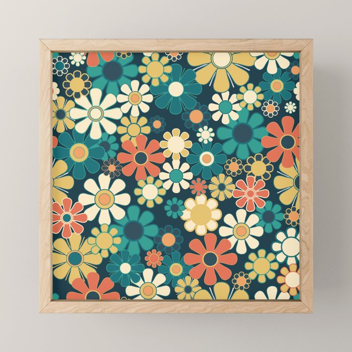 Pretty Groovy Retro Garden 60s 70s Aesthetic Floral Pattern Blue Orange Mustard Teal Mini Art Print Gallery Image 1