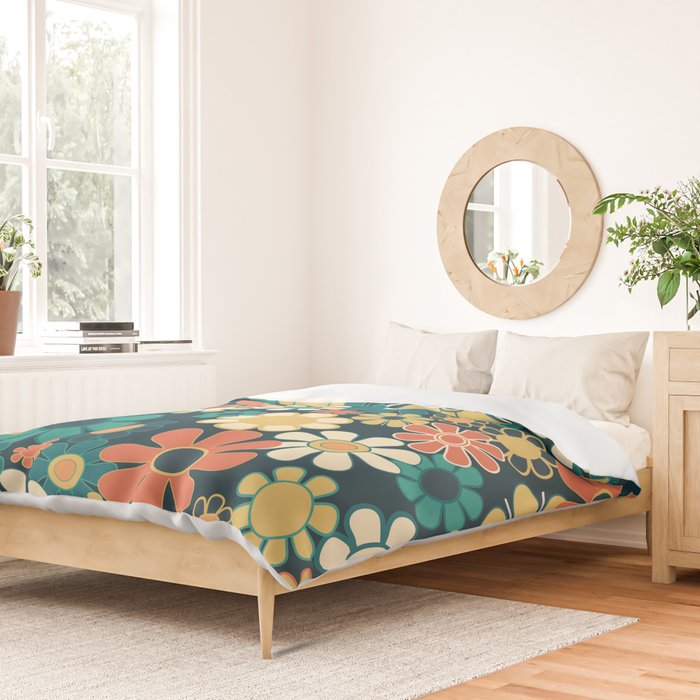 Pretty Groovy Retro Garden 60s 70s Aesthetic Floral Pattern Blue Orange Mustard Teal Duvet Cover Gallery Image 2