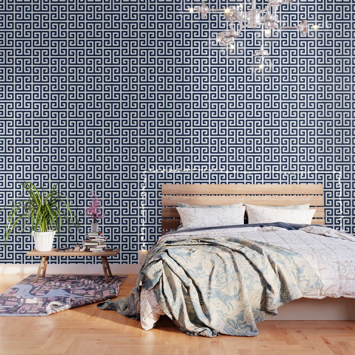 Dark Navy Blue and White Greek Key Pattern Wallpaper Gallery Image 3