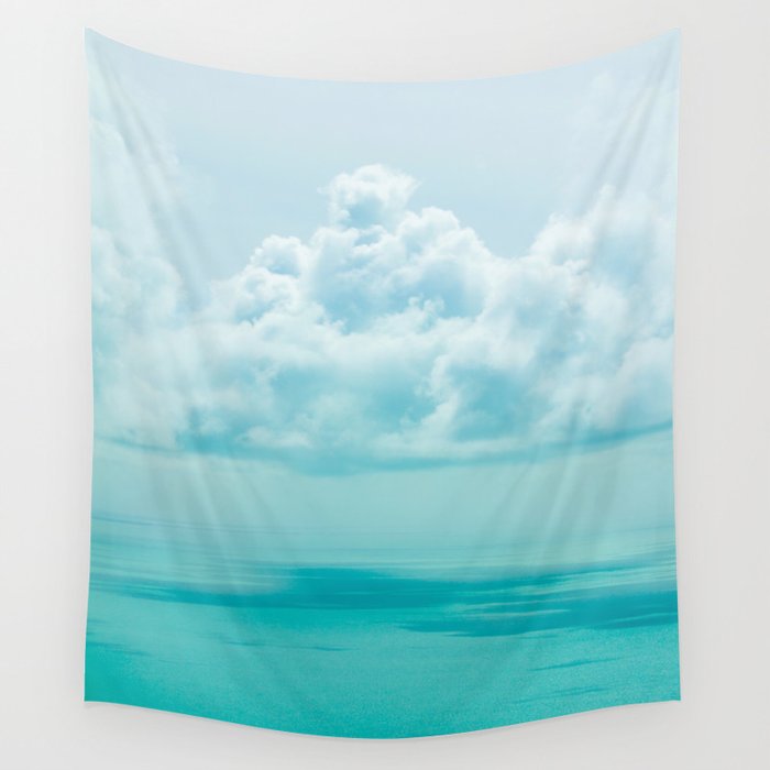 Teal Turquoise Blue Monochromatic Fluffy Cloud Over Caribbean Sea Wall Tapestry Gallery Image 4