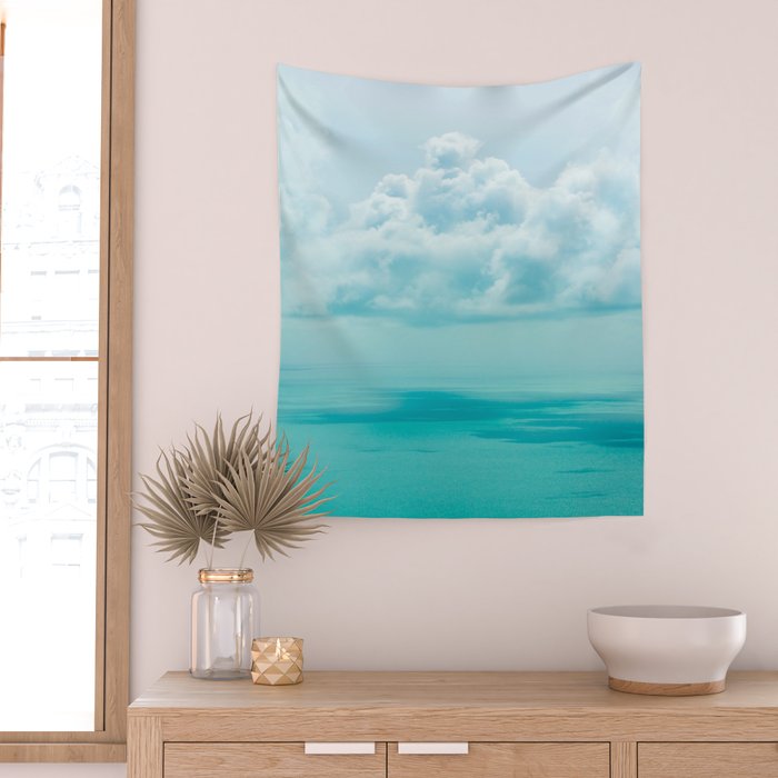 Teal Turquoise Blue Monochromatic Fluffy Cloud Over Caribbean Sea Wall Tapestry Gallery Image 2