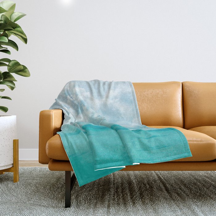 Teal Turquoise Blue Monochromatic Fluffy Cloud Over Caribbean Sea Throw Blanket Gallery Image 1
