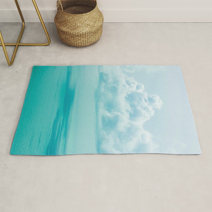 Teal Turquoise Blue Monochromatic Fluffy Cloud Over Caribbean Sea Rug Gallery Image 1