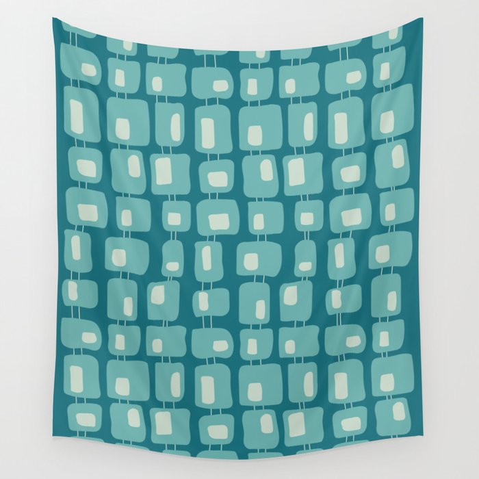 Funky Squares Retro Pattern Teal and Aqua Wall Tapestry Gallery Image 4