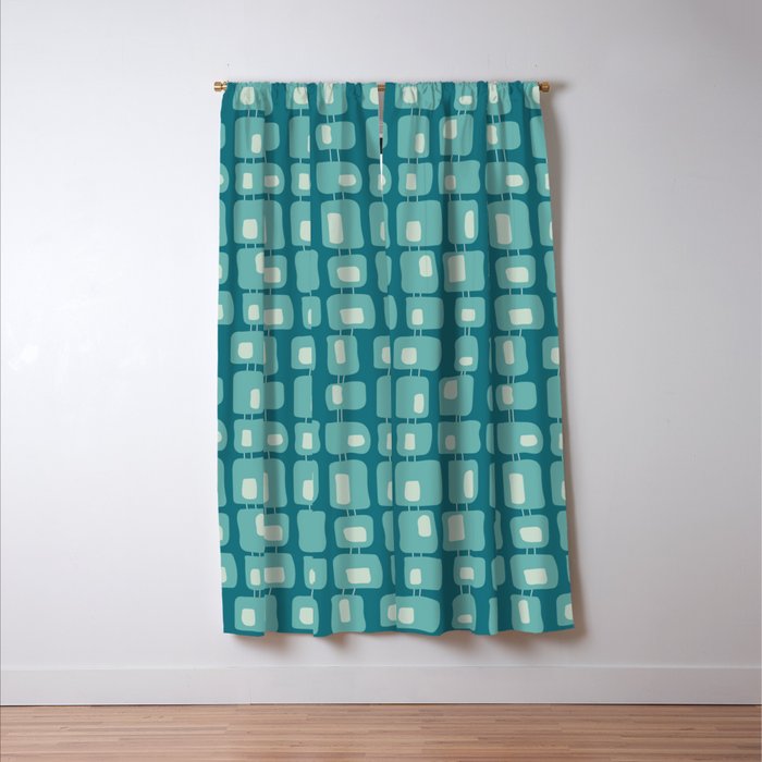 Funky Squares Retro Pattern Teal and Aqua Window Curtain Gallery Image 3