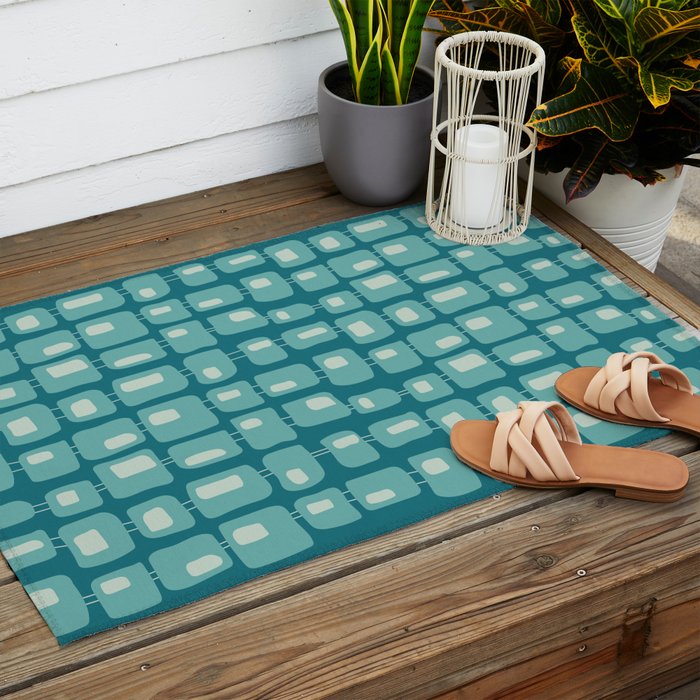 Funky Squares Retro Pattern Teal and Aqua Outdoor Rug Gallery Image 2