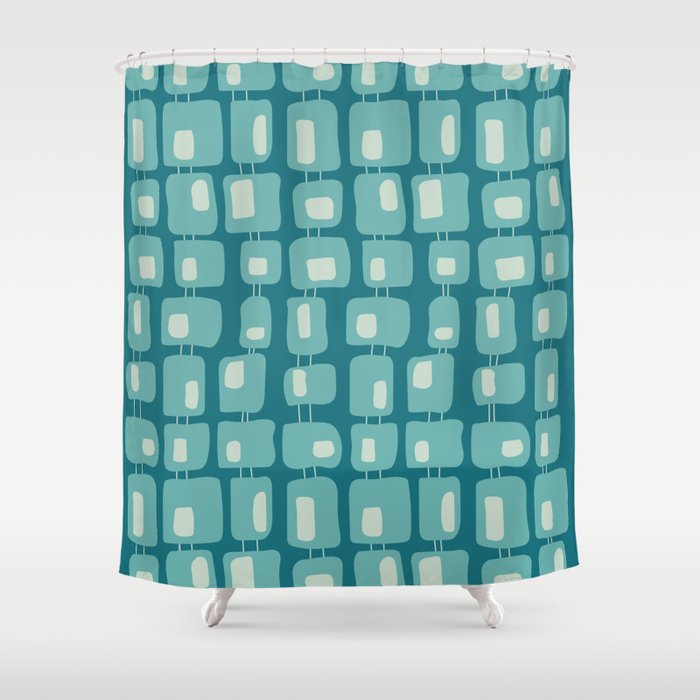 Funky Squares Retro Pattern Teal and Aqua Shower Curtain Gallery Image 1