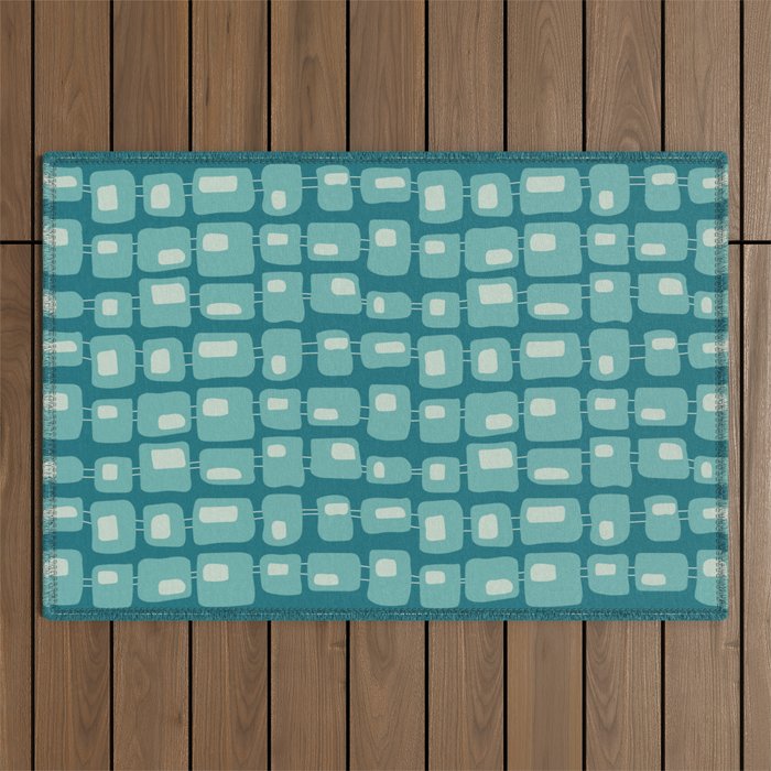 Funky Squares Retro Pattern Teal and Aqua Outdoor Rug Gallery Image 1