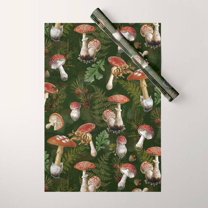 Vintage Dark Night Green Mushroom Forest Wrapping Paper Gallery Image 1