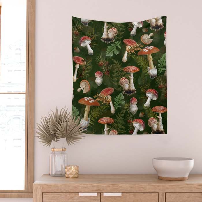 Vintage Dark Night Green Mushroom Forest Wall Tapestry Gallery Image 2