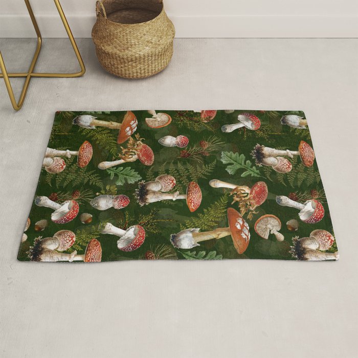 Vintage Dark Night Green Mushroom Forest Rug Gallery Image 1