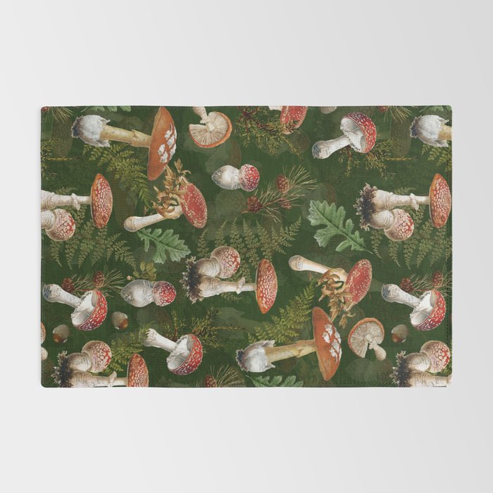 Vintage Dark Night Green Mushroom Forest Rug Gallery Image 2