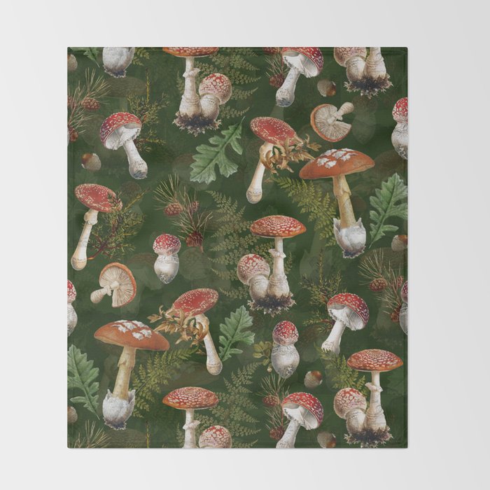 Vintage Dark Night Green Mushroom Forest Throw Blanket Gallery Image 2