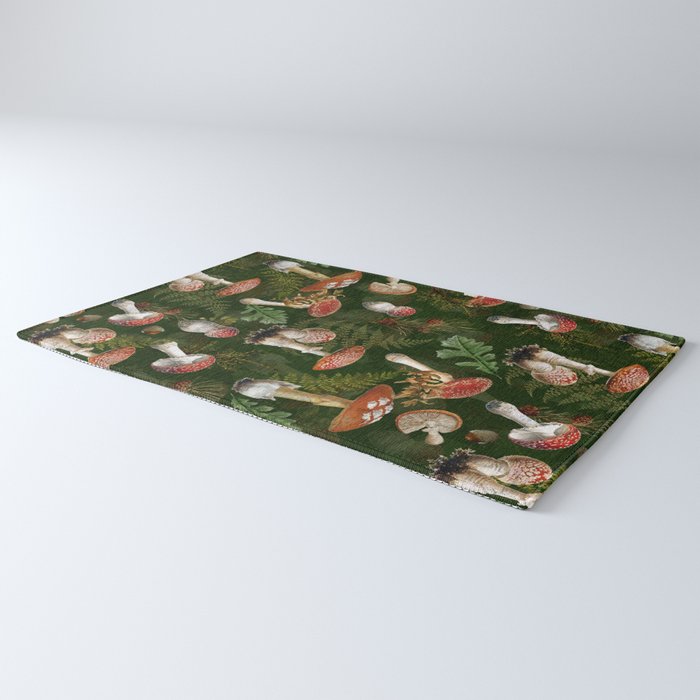 Vintage Dark Night Green Mushroom Forest Rug Gallery Image 3