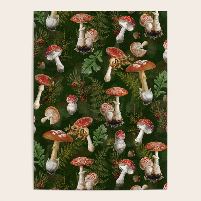 Vintage Dark Night Green Mushroom Forest Poster Gallery Image 4