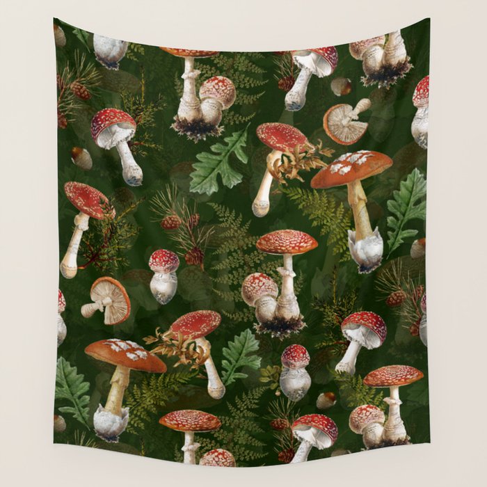 Vintage Dark Night Green Mushroom Forest Wall Tapestry Gallery Image 4
