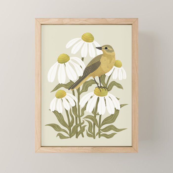Yellow Wagtail on White Coneflowers  Mini Art Print Gallery Image 1