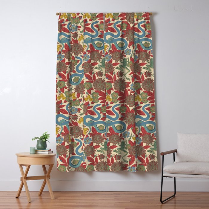 Large-Scale Dahlias, Frogs, Snakes, Praying Mantis in Red and Blue Window Curtain Gallery Image 1