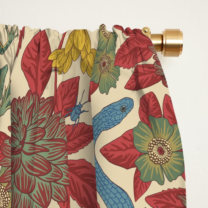 Large-Scale Dahlias, Frogs, Snakes, Praying Mantis in Red and Blue Window Curtain Gallery Image 2