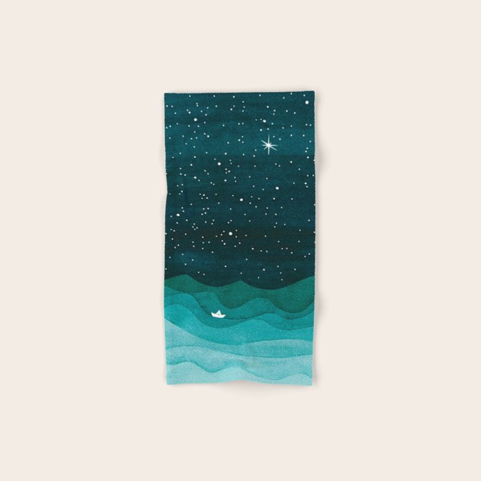 Starry Ocean, teal sailboat watercolor sea waves night Hand & Bath Towel Gallery Image 1