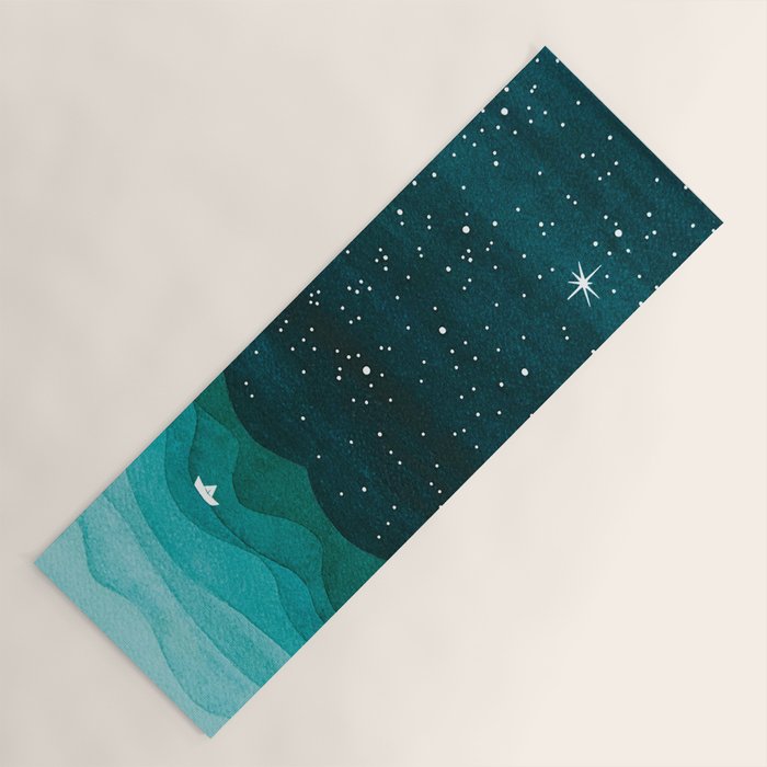 Starry Ocean, teal sailboat watercolor sea waves night Yoga Mat Gallery Image 1