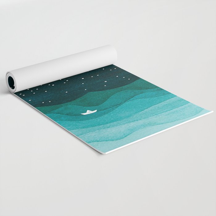 Starry Ocean, teal sailboat watercolor sea waves night Yoga Mat Gallery Image 2