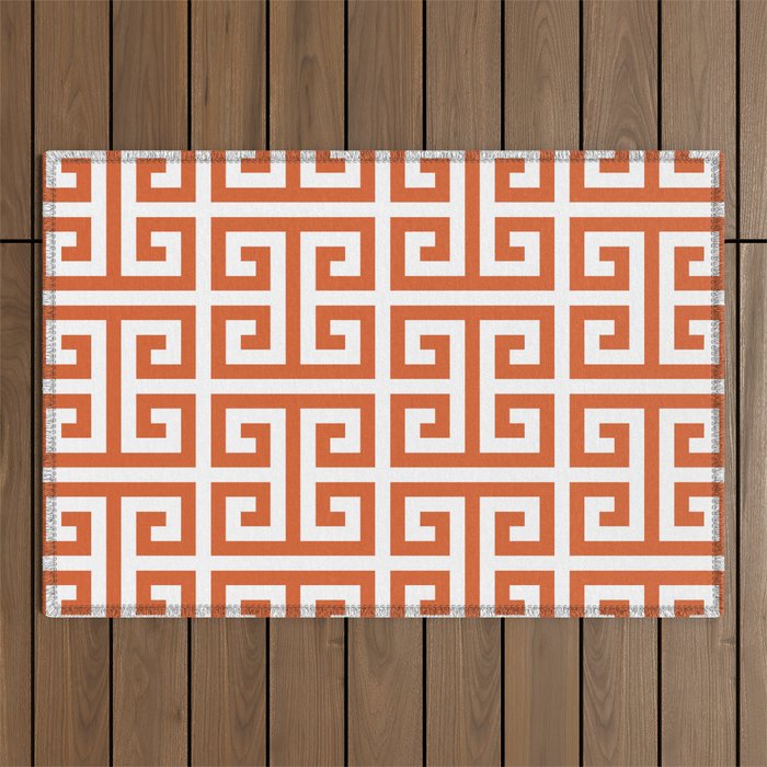 Burnt Orange and White Greek Key Pattern Outdoor Rug Gallery Image 1