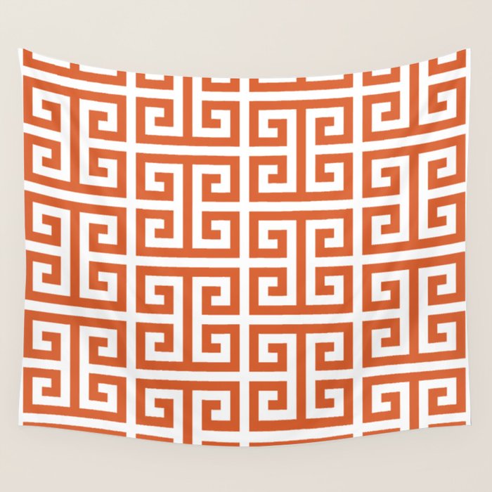 Burnt Orange and White Greek Key Pattern Wall Tapestry Gallery Image 1